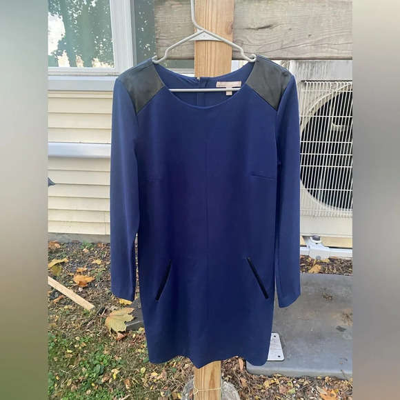 Banana Republic Faux Leather Navy Shift Long Sleeve Dress Size 10 - Picture 2 of 6